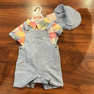 NEW-Tommy Bahama 3 piece set,Hat, overalls, onesie. Light blue/yellow/white/pink
